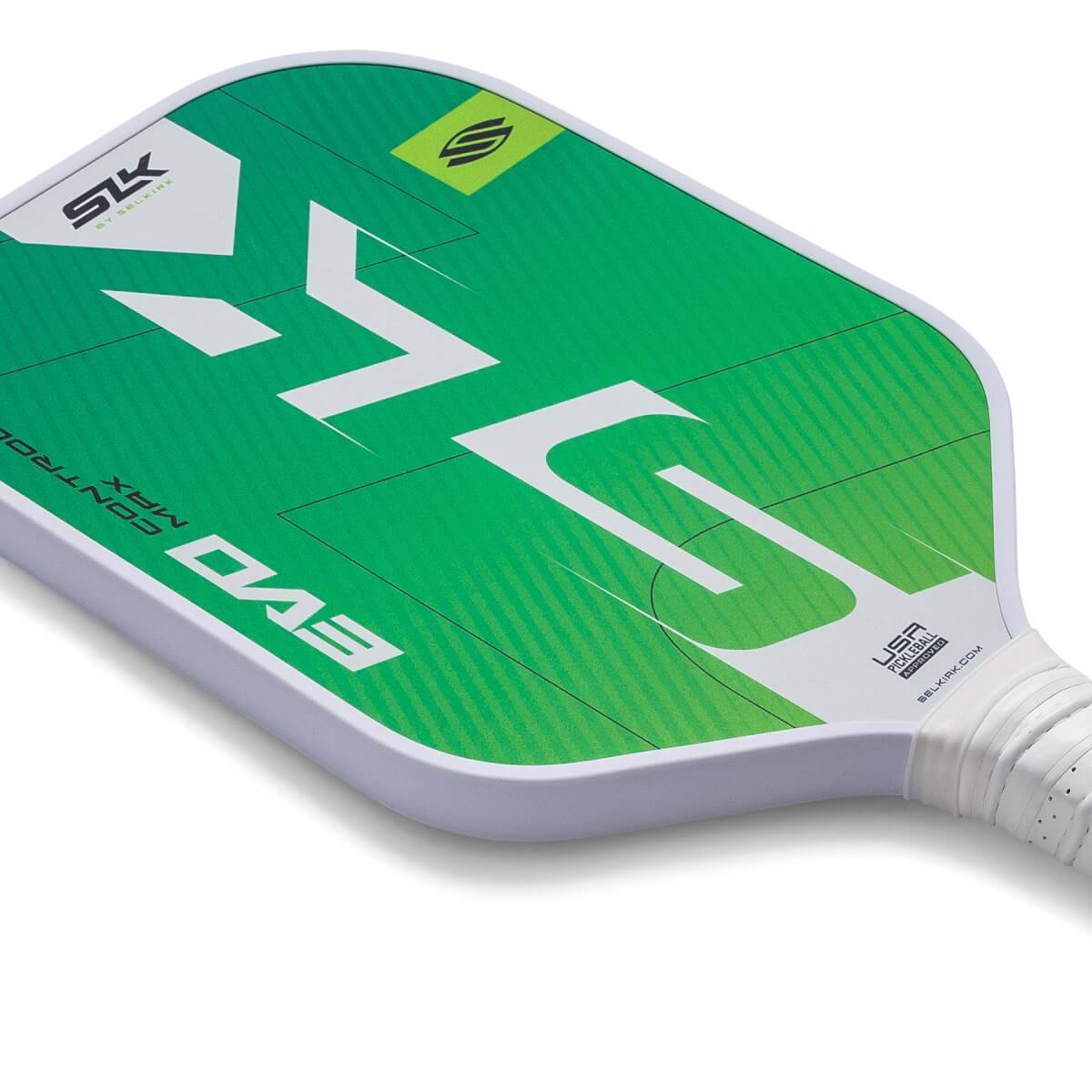 Corner view of a green pickleball paddle with white SLK EVO MAX branding and a textured white grip.