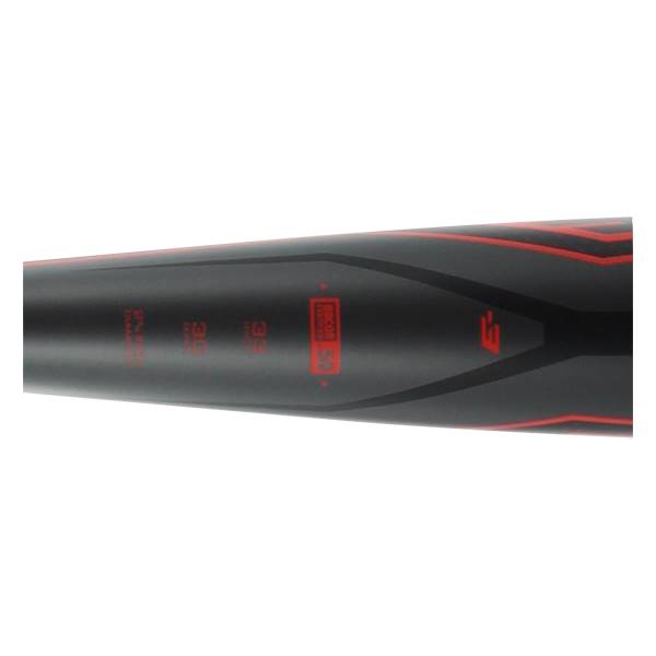 Side view of a black baseball bat with red accents, BBCOR 50 and 32 markings.