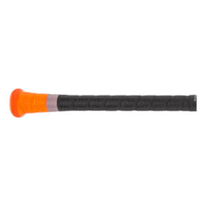 Side view of a black baseball bat with an orange grip and textured pattern.