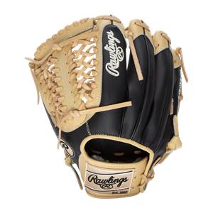 Front view of a black and tan baseball glove with Rawlings branding and a woven web.