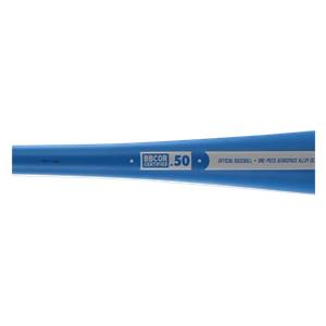 Close-up of a blue baseball bat with BBCOR CERTIFIED .50 and OFFICIAL BASEBALL - ONE-PIECE AEROSPACE ALLOY DE text.