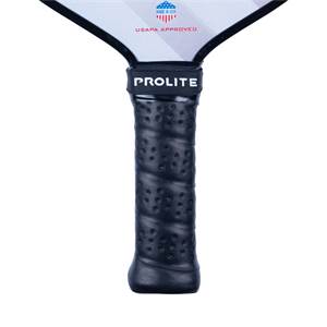 Close-up of a black pickleball paddle grip with a textured surface and the PROLITE logo.