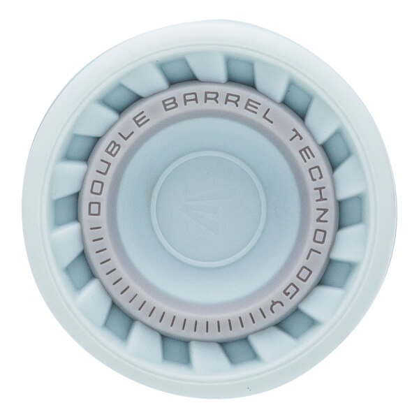 Top-down view of a light blue softball bat end cap with DOUBLE BARREL TECHNOLOGY text, an Easton logo, and a ribbed edge.