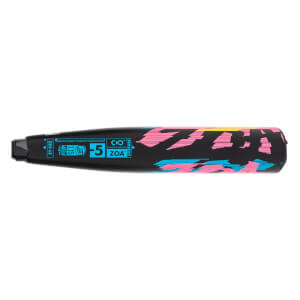 Side view of a black baseball bat with pink and blue abstract graphics and ZOA -5 text.