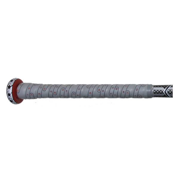 Side view of a gray baseball bat with a red end cap and a checkered pattern on the barrel.