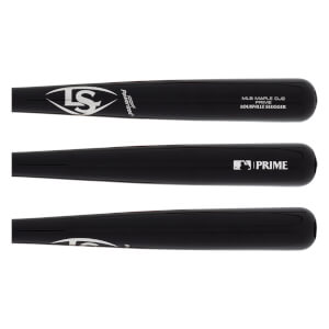 Composite side view of a black baseball bat with white LS logo, PRIME branding, and Louisville Slugger text.