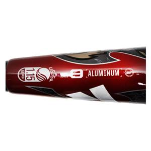 Close-up of a red baseball bat with 1.15 BPF USSSA and ALUMINUM text.