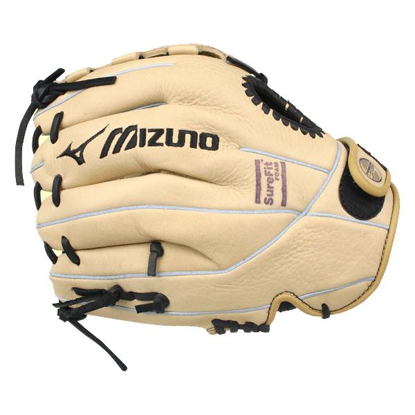 Side view of a tan Mizuno fastpitch mitt with black lacing and SureFit Foam branding.