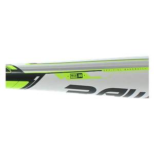 Side view of a white baseball bat with green accents, OFFICIAL BASEBALL text, and BBCOR .50 certification.