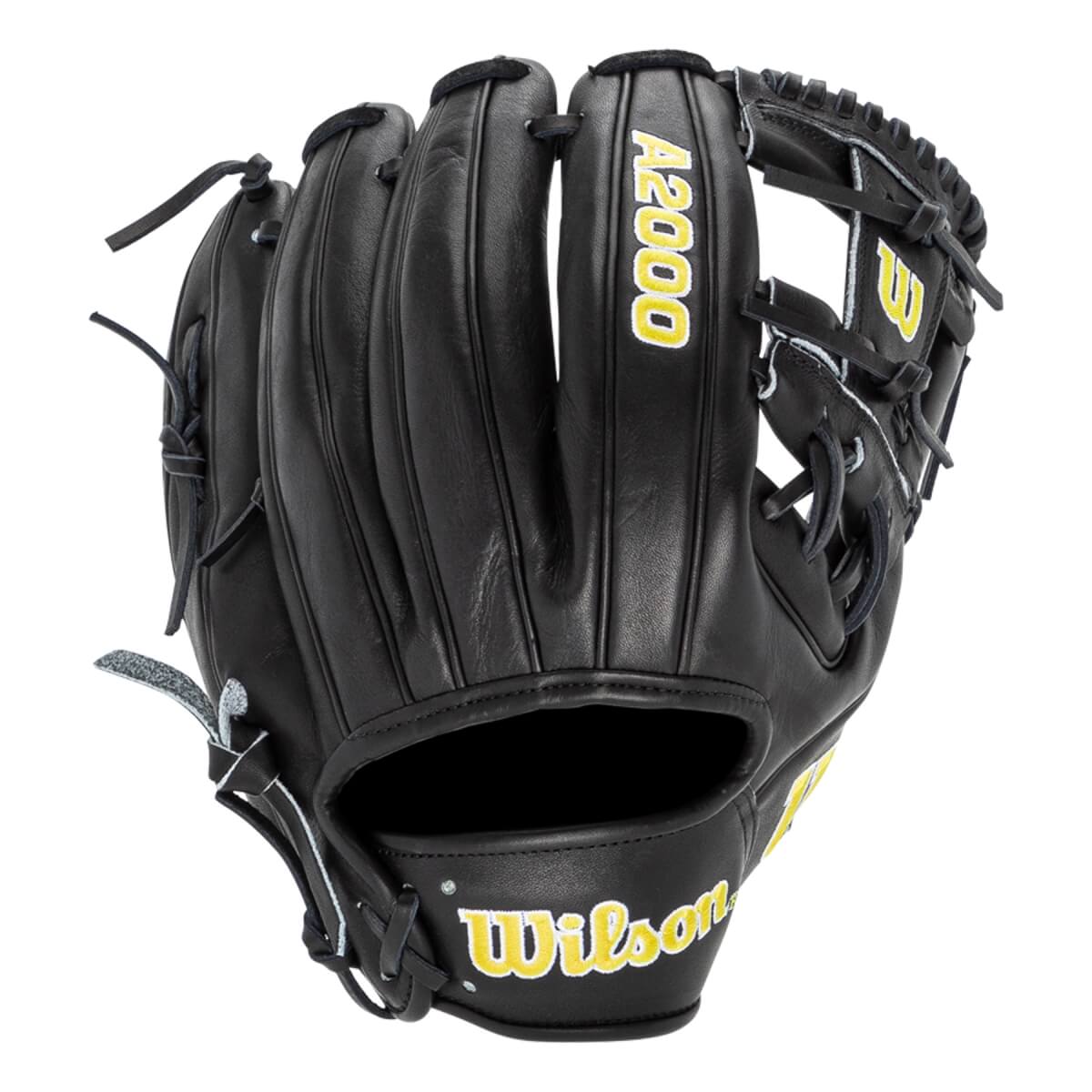 Back view of a black Wilson A2000 1975 baseball glove with the brand name in yellow and white on the wrist strap and A2000 text on the index finger.