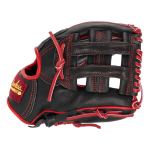 Angled front view of a black baseball glove with red lacing, red trim, and a Shoeless Joe logo patch.