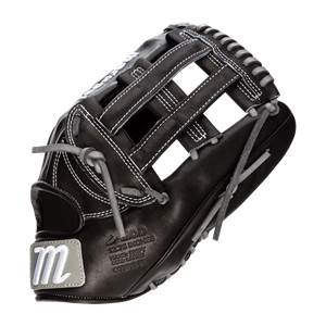 Corner view of a black baseball glove with white stitching, a grey m logo, and visible text.