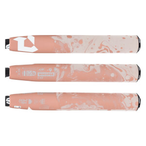 Multiple views of a pink and white marbled fastpitch softball bat with a white DeMarini logo and WHISPER text.