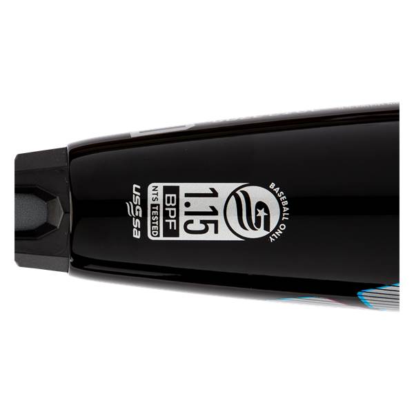 Close-up of a black baseball bat with USSSA, BPF 1.15, and BASEBALL ONLY text.