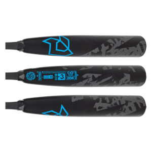 Three views of a black baseball bat with blue DeMarini logo and ZOA branding.