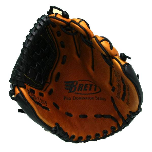 Interior view of a brown baseball glove with black accents, BRETT logo, and Pro Dominator Series text.