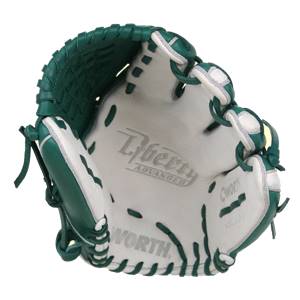 Top-down view of a green and white baseball glove with Liberty Advanced and WORTH branding.