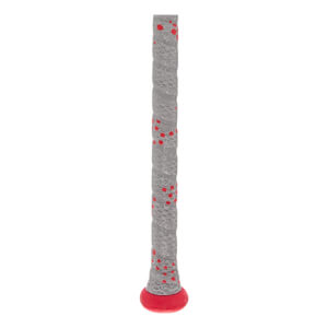 Close-up of a gray baseball bat grip with red speckles and a red knob.