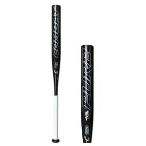 Side view of a black softball bat with COMBAT and PURE branding and a white grip.
