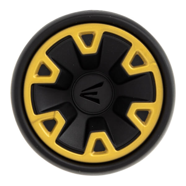 Top-down view of a black baseball bat end cap with gold accents and an Easton logo.