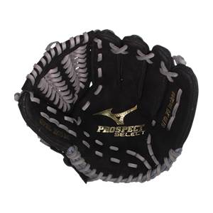 Front view of a black baseball glove with gold PROSPECT SELECT text and white stitching.