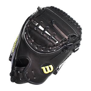 Front view of a black Wilson A2000 catchers mitt with yellow Wilson logo and white stitching.