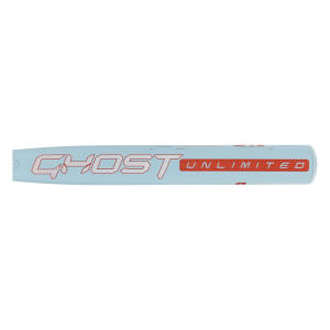 Horizontal close-up of a light blue bat barrel featuring the large red-outlined word GHOST and UNLIMITED in white text inside a red bar.
