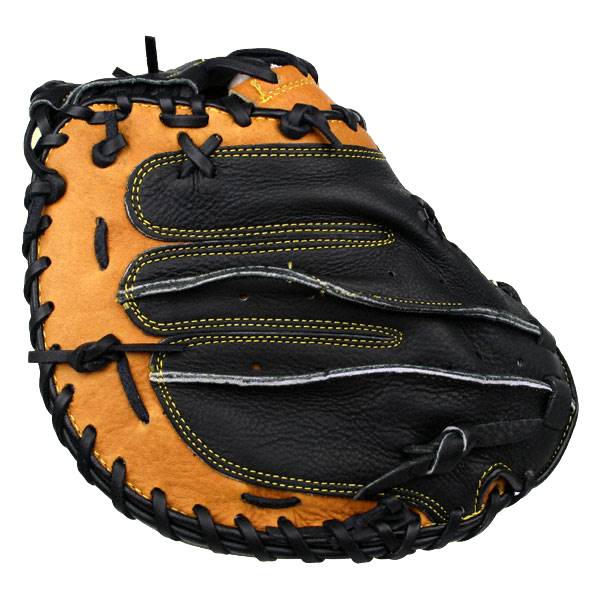 Front view of a black and tan catchers mitt with yellow stitching and black lacing.