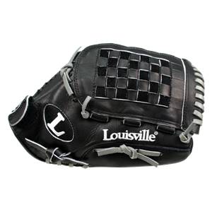 Front view of a black Louisville Slugger fastpitch glove with a checkered web and white L logo.