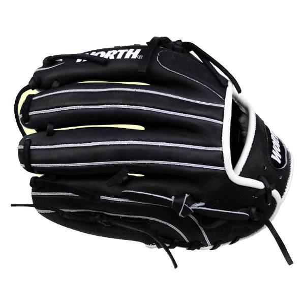 Side view of a black baseball glove with white stitching and WORTH branding.