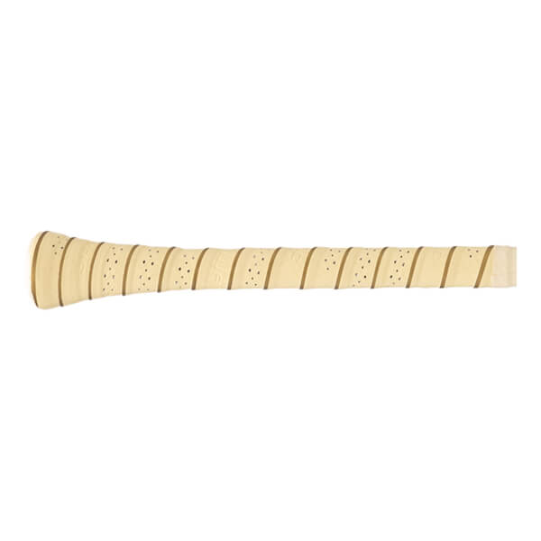 Close-up of a light tan baseball bat grip with perforated texture and diagonal brown stripes.