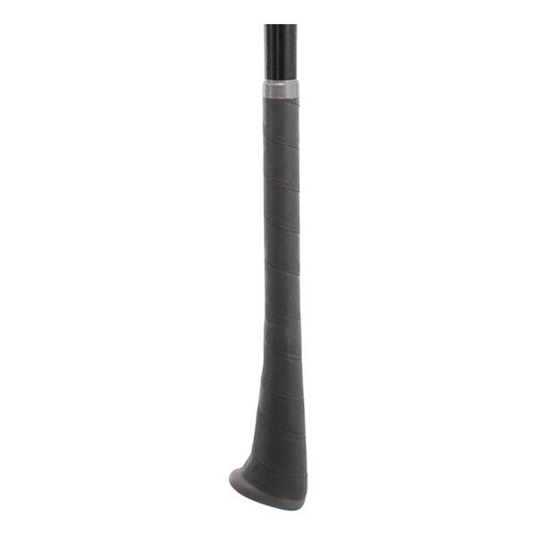 Close-up of a black softball bat grip with silver band and black knob.
