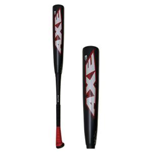 Side view of a black Axe Elite baseball bat with red grip and white lettering.