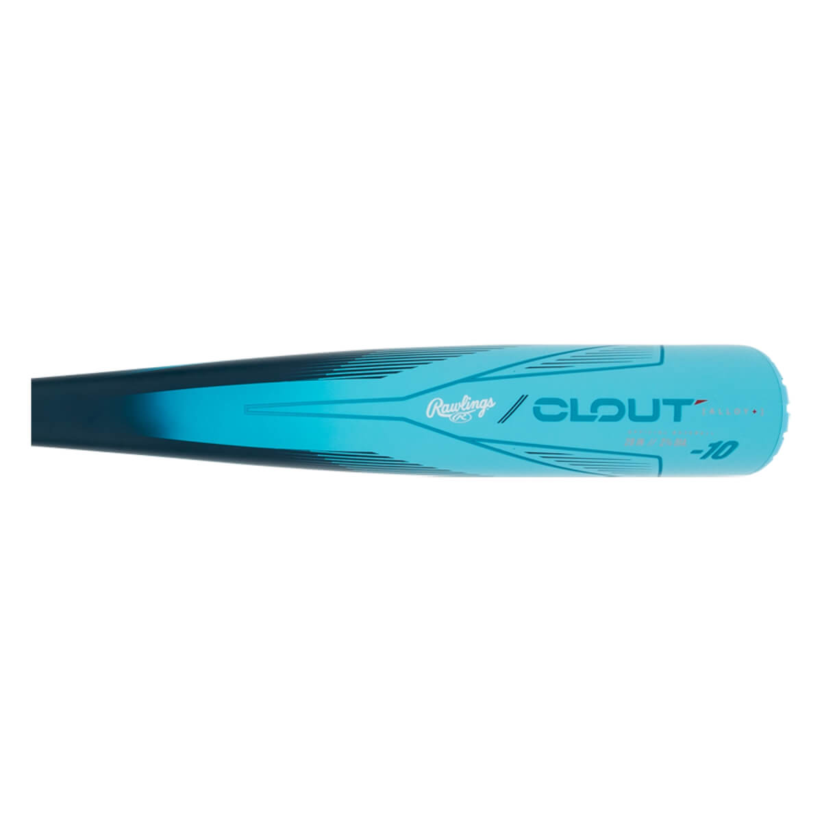 Side view of a blue baseball bat with Rawlings CLOUT -10 text and gradient lines.
