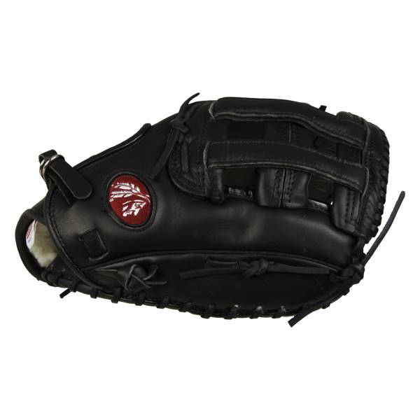 Side view of a black baseball glove with a red circular logo and white lining.