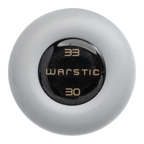 Top-down view of a matte grey baseball bat end cap with a black center featuring the brand name WARSTIC and numbers 33 and 30 in gold lettering.