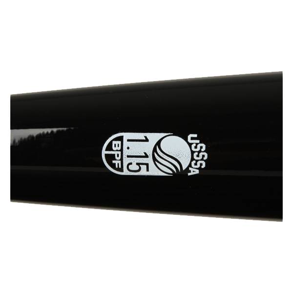 Close-up of a black baseball bat with BPF 1.15 and USSSA logos.