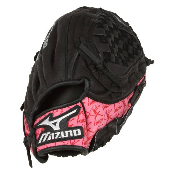 Side view of a black youth softball glove with pink FINCH pattern and Mizuno logo.