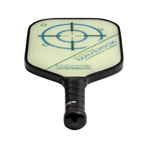 Top-down view of a light green pickleball paddle with a target design, Elite Pro Maverick text, and black grip.