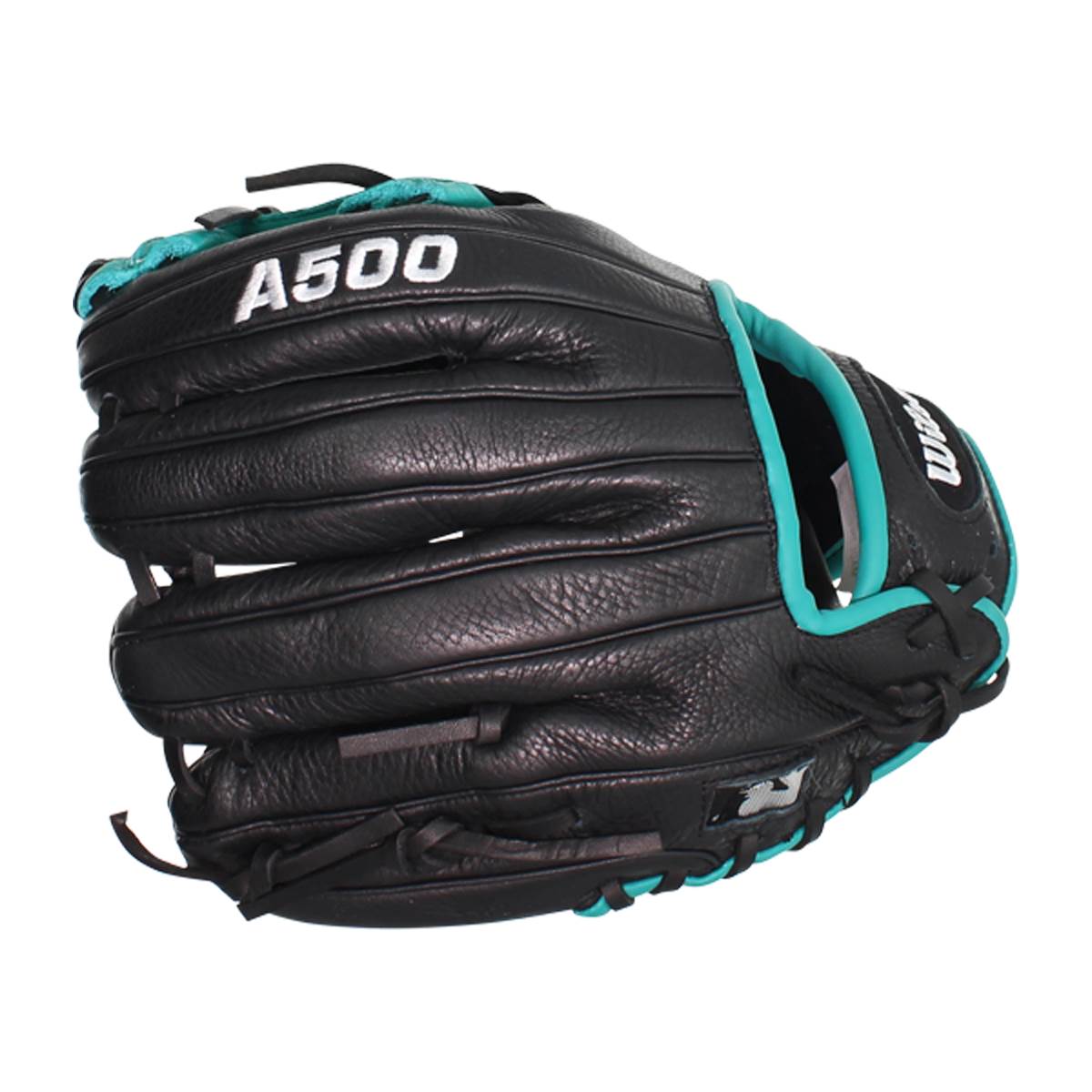 Side view of a black Wilson A500 glove with teal accents and A500 branding.