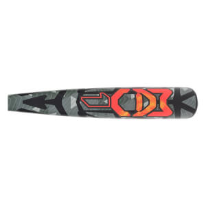 Side view of a grey geometric camouflage baseball bat with a prominent orange and red MAV1 logo.