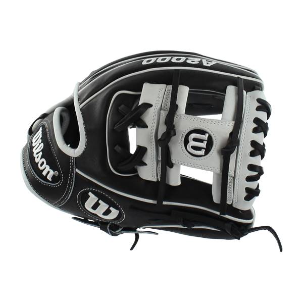Side view of a black and white baseball glove with Wilson and A2000 branding.
