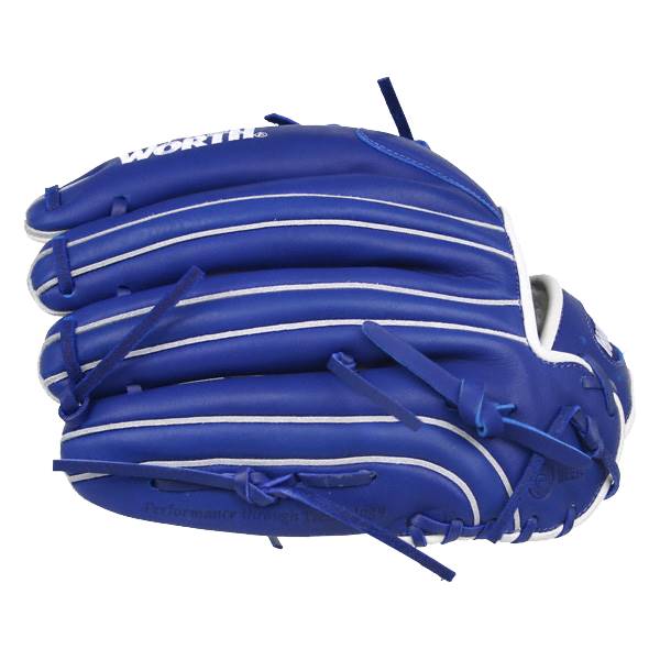 Front view of a royal blue baseball glove with white stitching and WORTH logo.