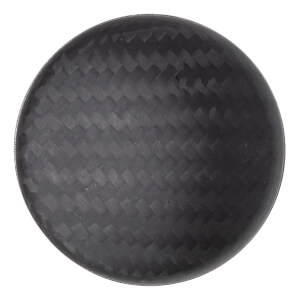 Top-down view of a black circular bat end cap with a woven carbon fiber texture.