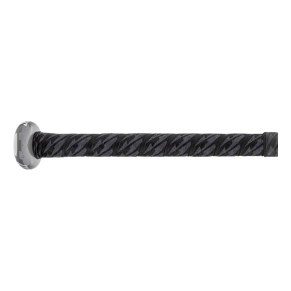 Side view of a gray Louisville Slugger baseball bat with a black patterned grip.