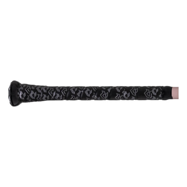 Side view of a black baseball bat handle with a grey DeMarini patterned grip, black knob, and rose gold barrel.