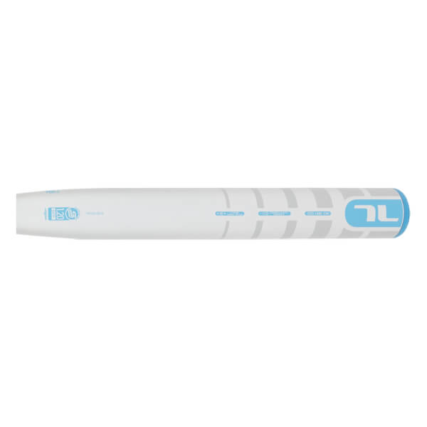 Side view of a white softball bat with light blue TL and USSSA logos and gray horizontal stripes on the barrel.