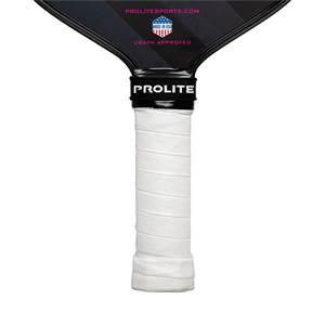 Close-up of a white grip on a black PROLITE pickleball paddle with USAPA APPROVED text.