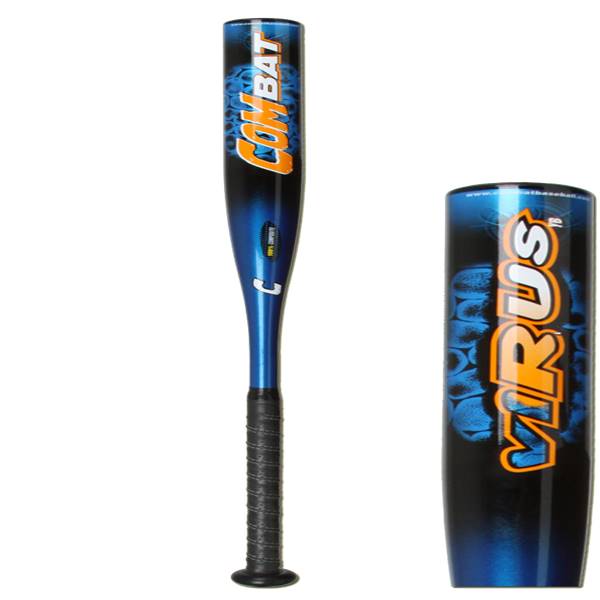 Front view of a blue baseball bat with COMBAT and VIRUS text and skull graphics.