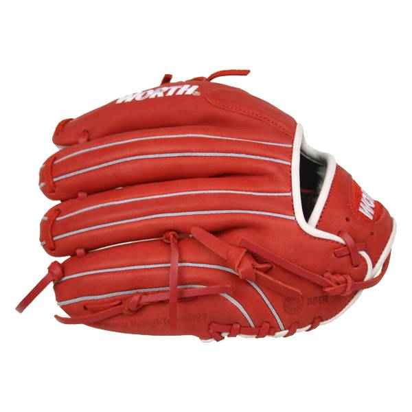 Side view of a scarlet red baseball glove with white stitching and WORTH logo.